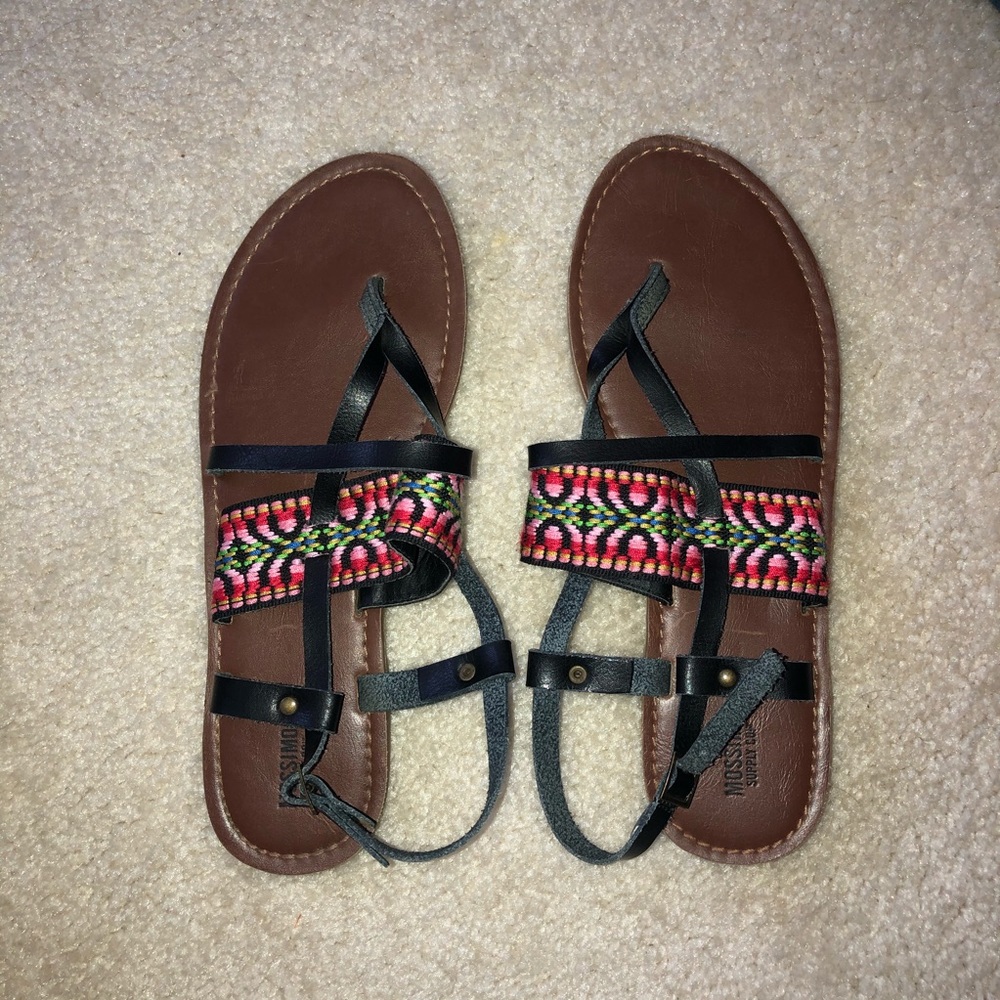 black leather sandals with colorful design strap